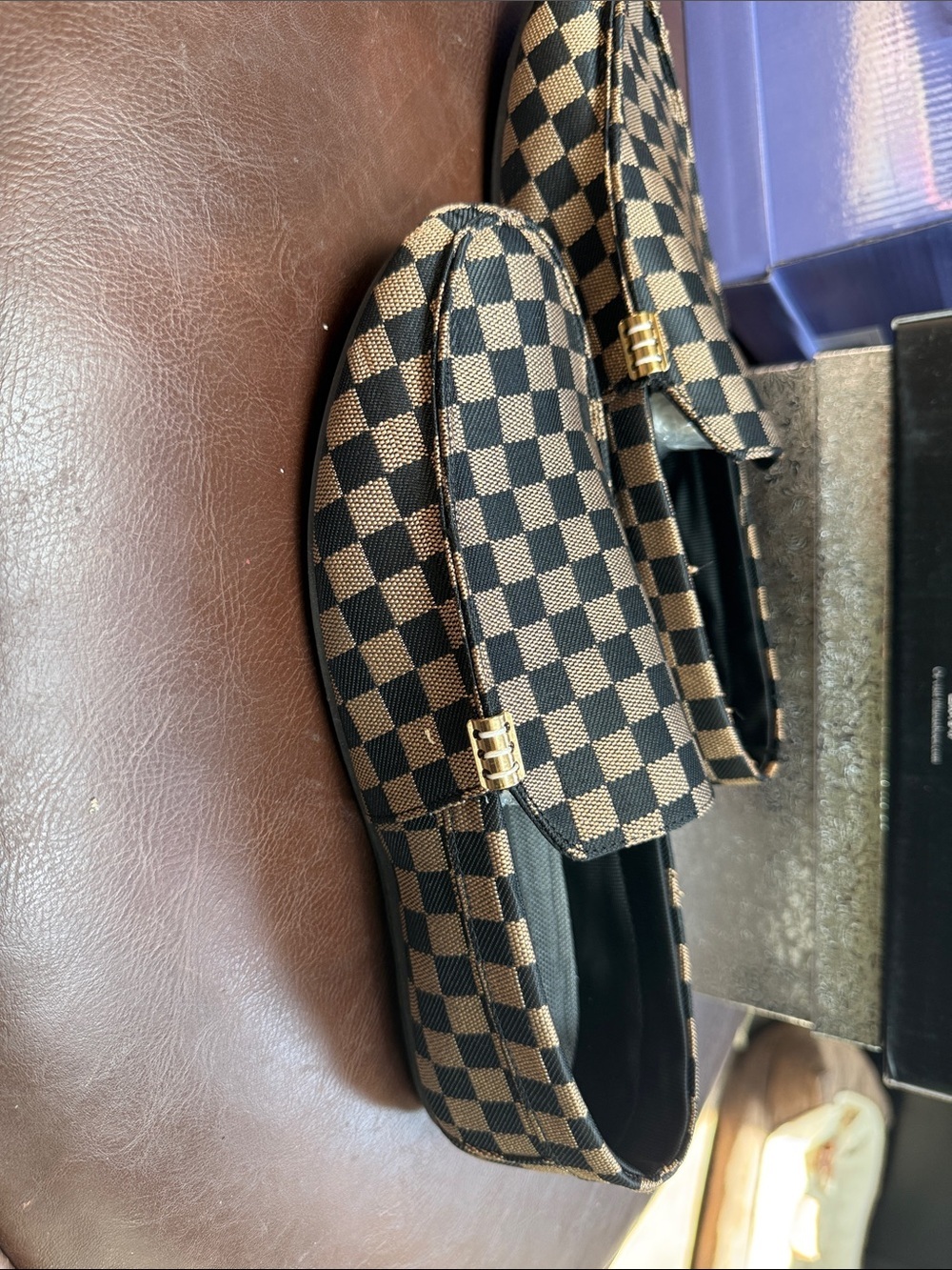 Checkerboard Slip-On Loafers in Brown and Black